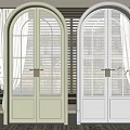 Modern Arched Double Glass Doors In Cream And White With Interior Curtains And Plant