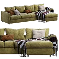 Olive Green Sectional Sofa With Multiple Plush Pillows And Striped Throw Blanket 3d model