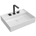 Modern White Washbasin With Black Faucet Handles And Square Smooth Surface Design