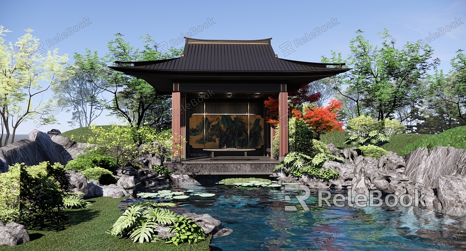 Chinese-style courtyard garden garden rockery drop water Taihu stone garden gallery gallery pavilion water pavilion water platform model