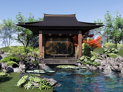 Chinese-style courtyard garden rockery drop water Taihu stone garden gallery pavilion water pavilion water platform model