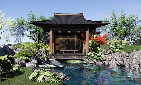 Chinese-style courtyard garden rockery drop water Taihu stone garden gallery pavilion water pavilion water platform 3d model