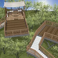 Scenic Park Landscape With Wooden Decks Canopy Stairs Green Trees And Grass