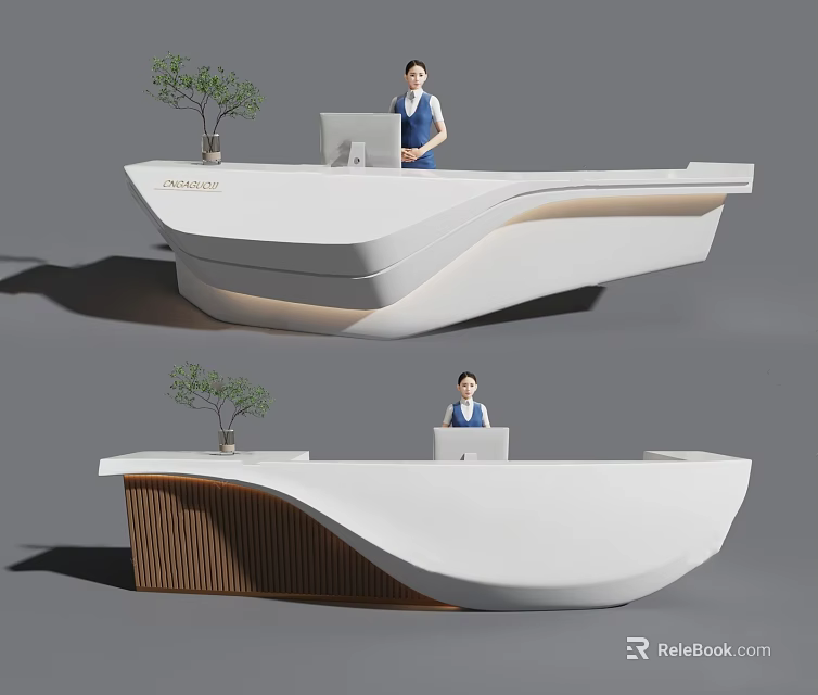 Modern Reception Desk Design With White Countertop Wooden Elements Computer And Potted Plant 3d model 