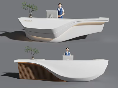 Modern Reception Desk Design With White Countertop Wooden Elements Computer And Potted Plant 3d model