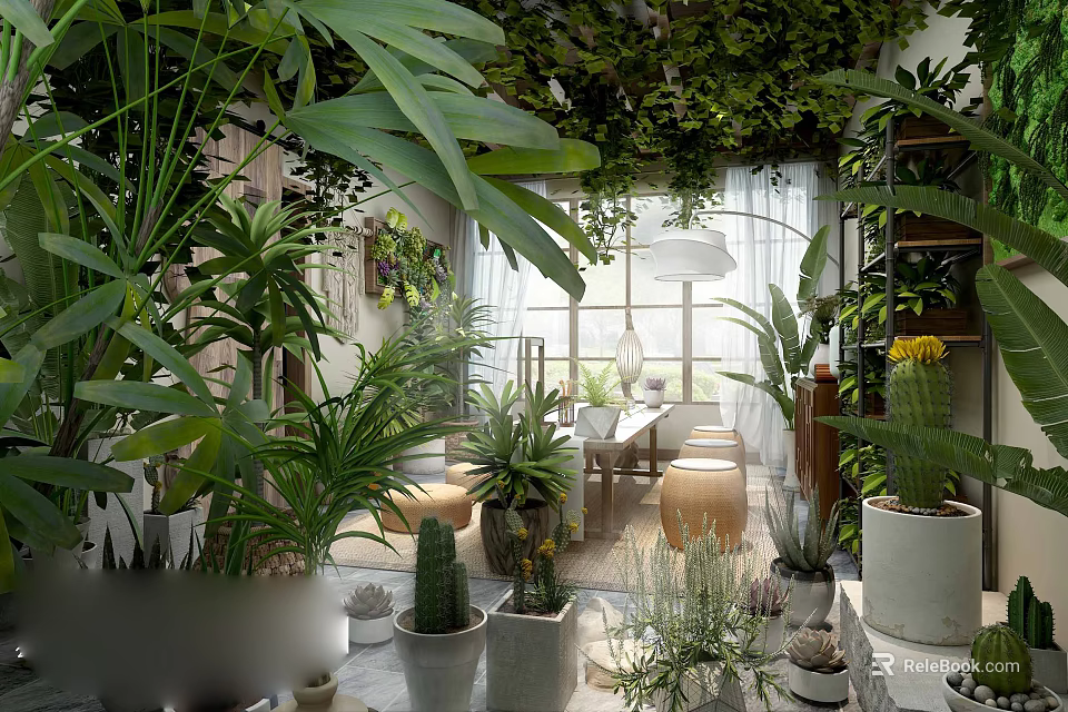 Natural Tea Room With Lush Indoor Plants Hanging Gardens And Cozy Wooden Seating 3d model 