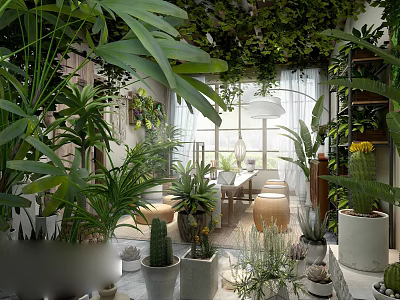Natural Tea Room With Lush Indoor Plants Hanging Gardens And Cozy Wooden Seating 3d model