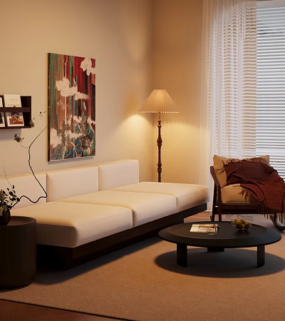 Stylish White Sofa and Black Coffee Table Set with Floor Lamp Decorative Painting and Armchair 3d model