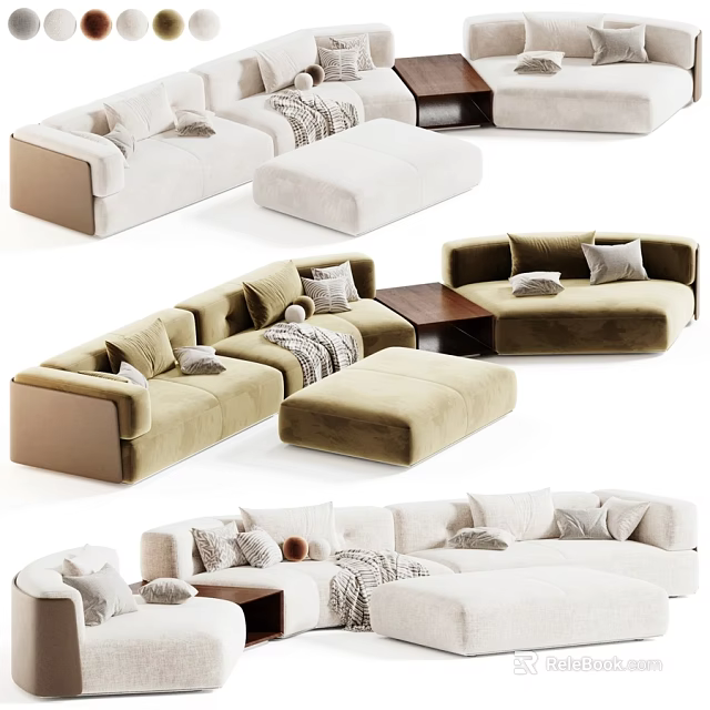 Modern Cozy Fabric Double Sofa Set With Ottoman And Stylish Throw Pillows For Living Room 3d model 