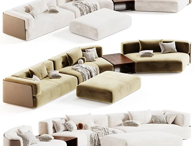 Modern Cozy Fabric Double Sofa Set With Ottoman And Stylish Throw Pillows For Living Room 3d model