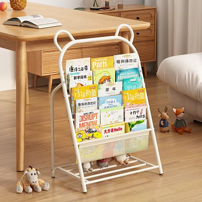 Cute White Kids Bookshelf With Ear Design Storage Basket And Children Books Stuffed Toys 3d model