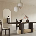 Stylish Dark Wood Dining Table Set with Four Chairs Vase Candles and White Pendant Lights