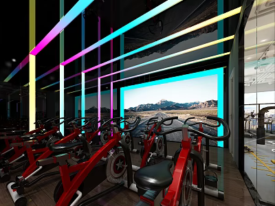 Vibrant Fitness Studio With Red Exercise Bikes Colorful LED Lights And Mountain View Screen 3d model
