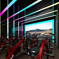 Vibrant Fitness Studio With Red Exercise Bikes Colorful LED Lights And Mountain View Screen
