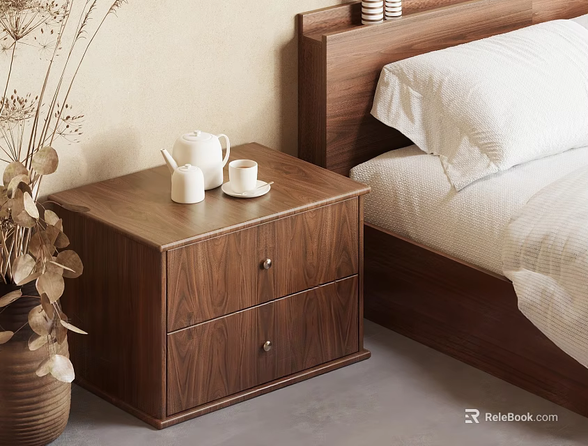 Walnut Wooden Bedside Table With Two Drawers White Teapot And Cups In Modern Bedroom 3d model 