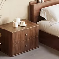 Walnut Wooden Bedside Table With Two Drawers White Teapot And Cups In Modern Bedroom