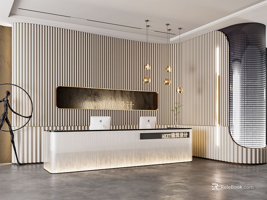 Modern Reception Desk With Vertical Striped Wooden Wall Pendant Lights White Gray Gold Luxury Interior 3d model 