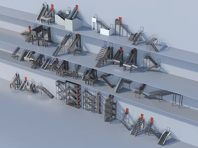 Various Metal Mechanical Structures Including Conveyors Staircases And Conveyor Systems On Multi Layered Racks 3d model