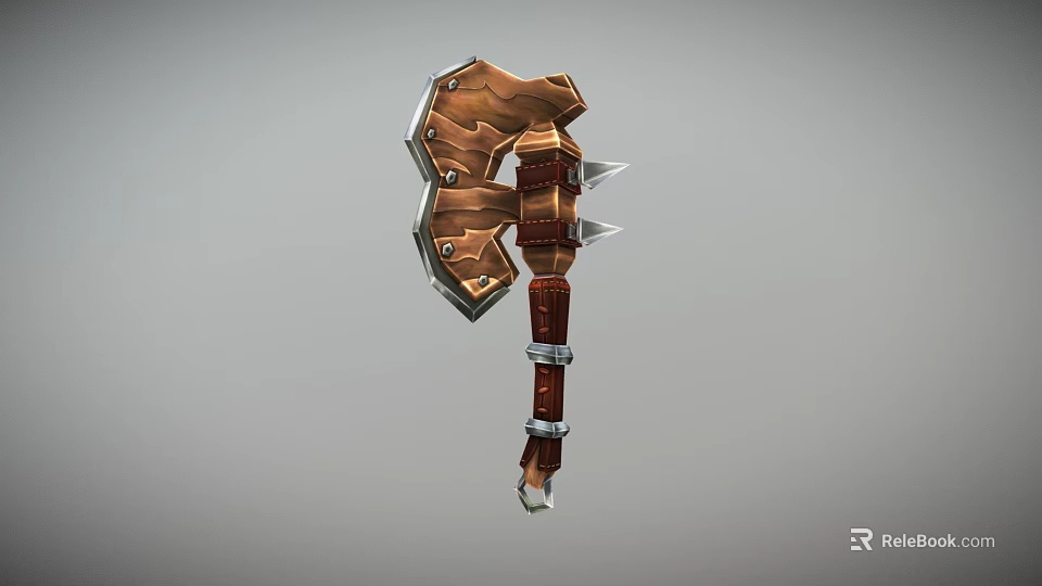 Rugged Wooden Battle Axe With Leather Handle Straps And Metal Spikes Weapon 3d model 