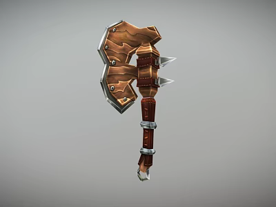 Rugged Wooden Battle Axe With Leather Handle Straps And Metal Spikes Weapon 3d model