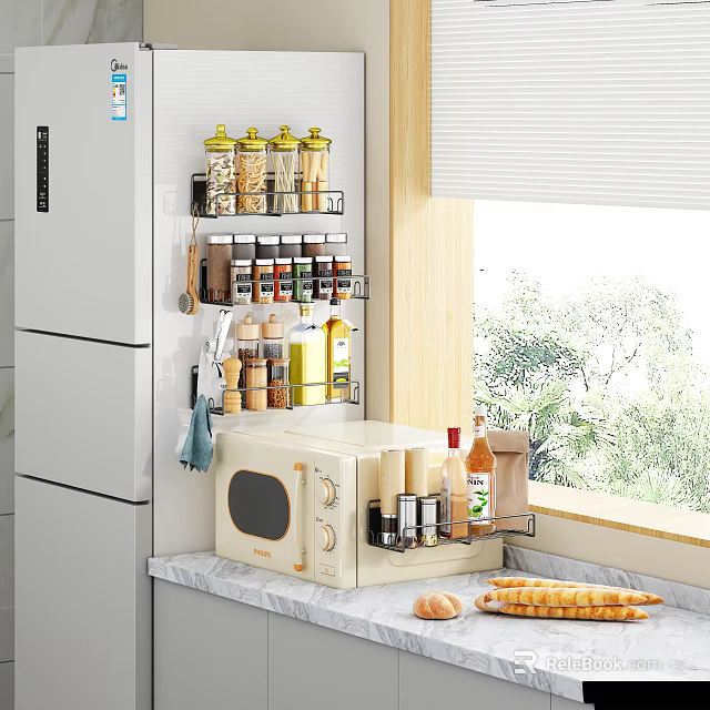 Modern Kitchen Storage Rack with Spices Utensils and Microwave on Countertop Organizer 3d model 