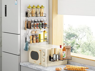 Modern Kitchen Storage Rack with Spices Utensils and Microwave on Countertop Organizer 3d model