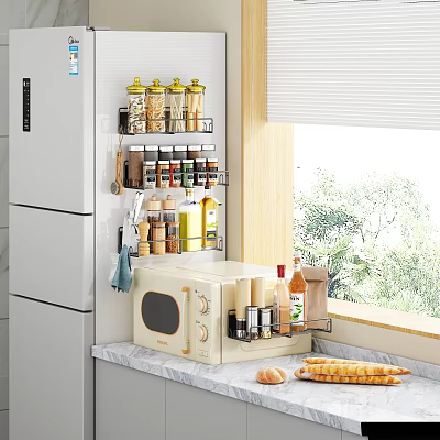 Modern Kitchen Storage Rack with Spices Utensils and Microwave on Countertop Organizer 3d model