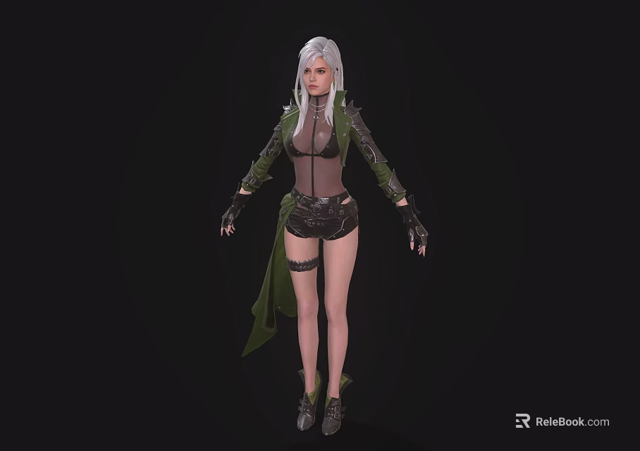 A Woman With White Long Hair Green Cloak Black Gloves And Shorts On Black Background 3d model 