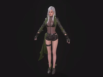 A Woman With White Long Hair Green Cloak Black Gloves And Shorts On Black Background 3d model