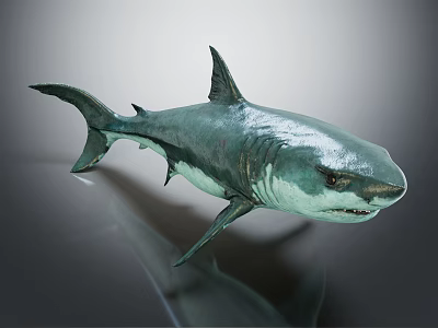Realistic Grayish Green Shark Model With Sharp Teeth Fins On Smooth Surface And Reflection 3d model