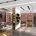 Luxury Boutique Store Interior With Glass Display Cases Gold Accents Sofa Seating And Shelves