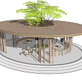Round Roof Pergola with Central Large Tree Tables Chairs and Wooden Pillars