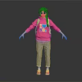 Woman in Pink Hoodie with Colorful Heart 80s Print Green Backpack Gray Pants Pink Shoes