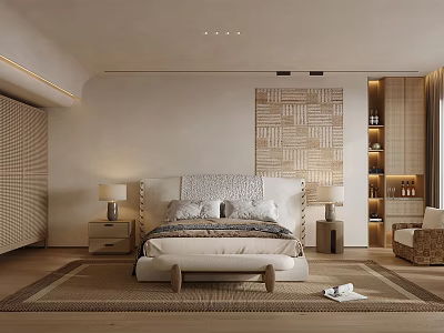 Modern Minimalist Bedroom Interior With White Bed Textured Wall Decor And Storage Cabinets 3d model