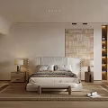 Modern Minimalist Bedroom Interior With White Bed Textured Wall Decor And Storage Cabinets