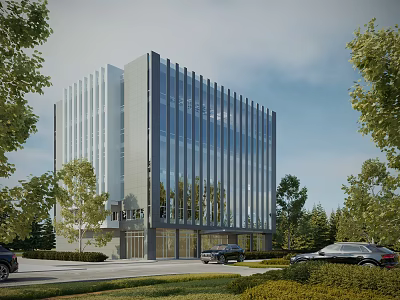 Modern Office Building Exterior With Glass Curtain Walls And Surrounding Trees 3d model