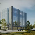 Modern Office Building Exterior With Glass Curtain Walls And Surrounding Trees