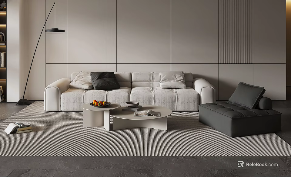 Modern Minimalist White Sofa and Coffee Table Set with Pillows Gray Accent Chair and Light Rug 3d model 