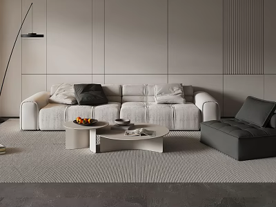 Modern Minimalist White Sofa and Coffee Table Set with Pillows Gray Accent Chair and Light Rug 3d model