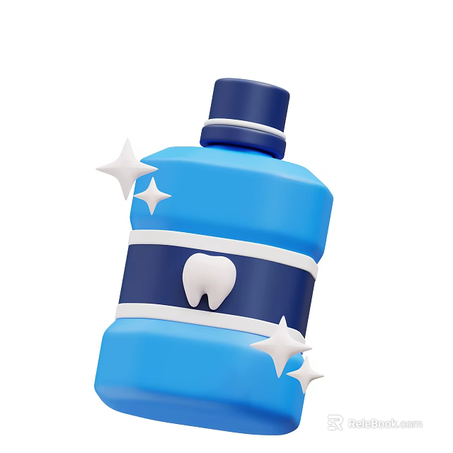 Blue Dental Care Bottle With White Stripe Tooth Icon And Sparkling Stars 3d model 