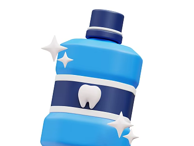 Blue Dental Care Bottle With White Stripe Tooth Icon And Sparkling Stars 3d model