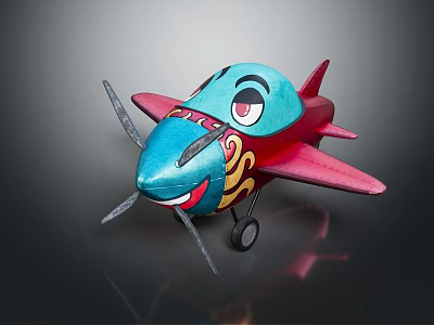Colorful Toy Airplane With Blue Head Red Wings Cartoon Face And Spiral Propeller 3d model