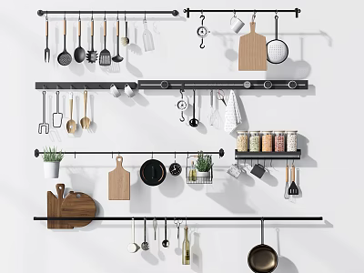 Organized Wall Mounted Kitchen Utensils Hanging Rack With Cooking Tools Cutting Boards And Spices 3d model