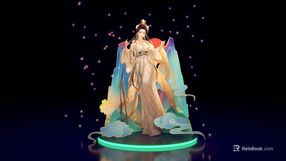 Traditional Chinese Female Figure With Elegant Robe Clouds Stars And Mountain Decorations 3d model 