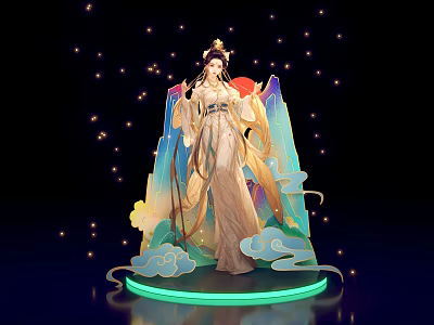 Traditional Chinese Female Figure With Elegant Robe Clouds Stars And Mountain Decorations 3d model
