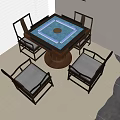 Minotti Square Table And Chair Set With Blue Tabletop And Gray Cushions In Interior