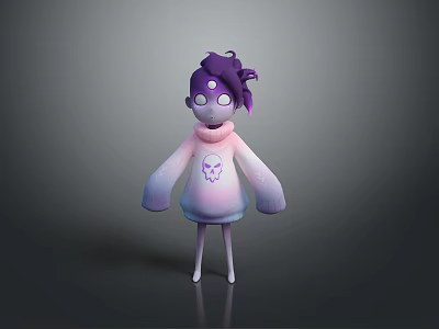Cute 3D Character With Purple Hair Big Eyes And Pink Gradient Sweater Skull Pattern 3d model