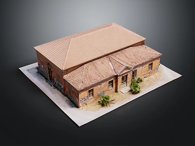Vintage Red Tiled Roof Brick Building With Green Plants At Entrance 3d model