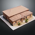 Vintage Red Tiled Roof Brick Building With Green Plants At Entrance