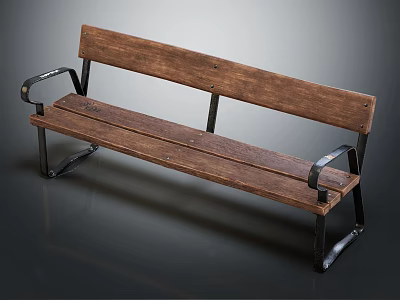 Sturdy Outdoor Wooden Bench With Metal Armrests And Reinforced Metal Frame Structure 3d model